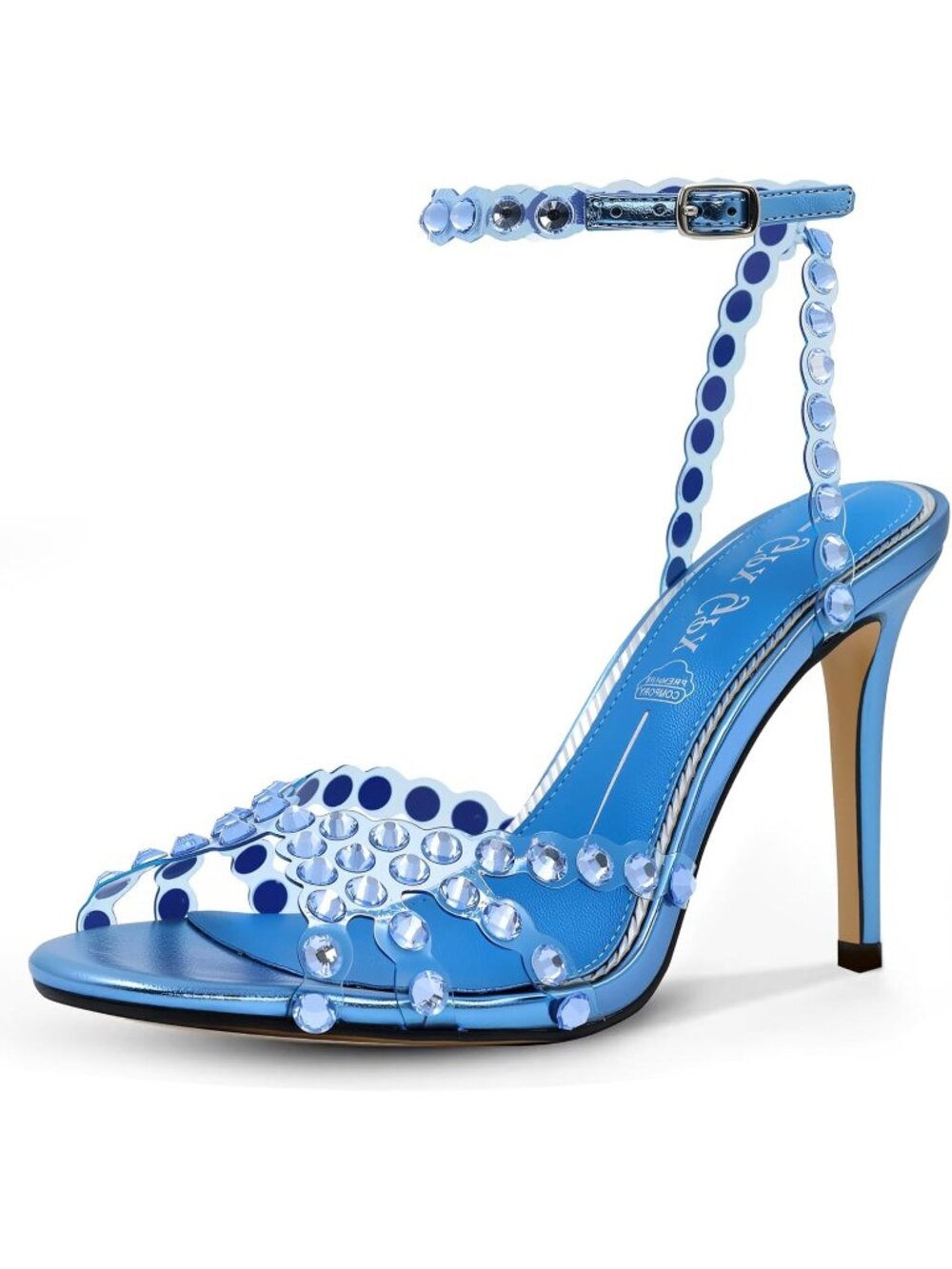 Women's Blue High Clear Strappy Buckle Stiletto Heels Round Toe Sandals Shoes